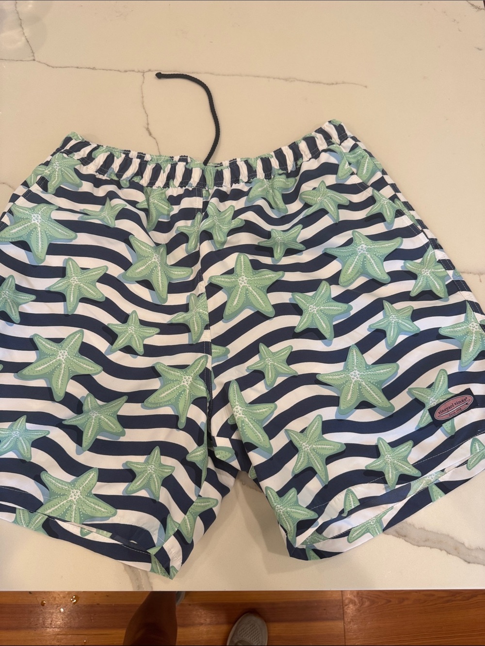 Vineyard Vines Navy & White Stripe Swim Trunks with Mint Green Starfish